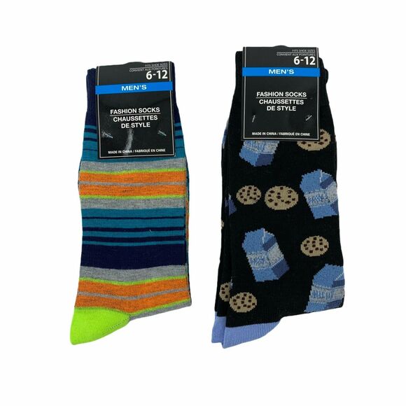 Lot 2- Socks Men's Size 6-12 "Milk & Cookies" & "Orange Lines" Fashion Stretch - Picture 1 of 6